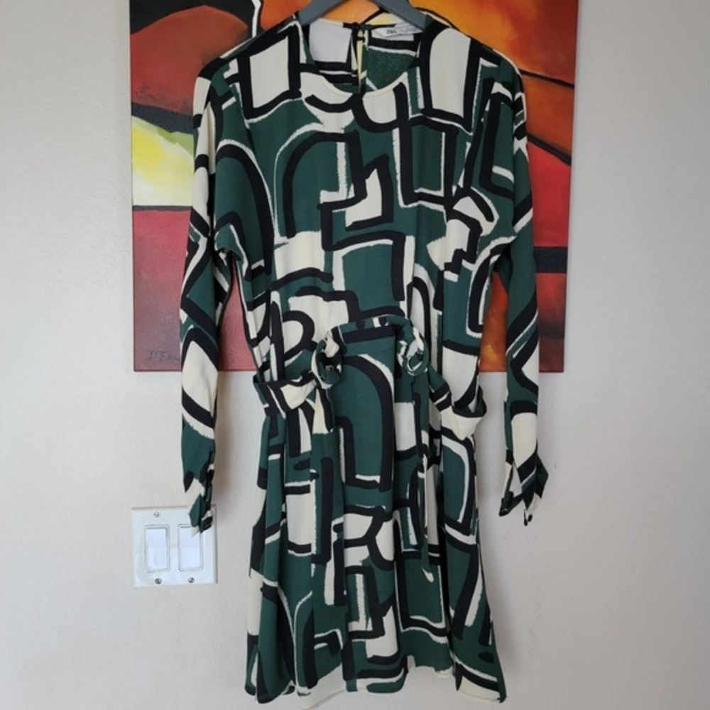 Zara Geometric Print Belted Mini Dress Green White Black Long Sleeve Women S - Picture 8 of 9